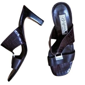 Brighton Ryan Mules Brown Croc Embossed Leather Square Open Toe Slip On Heels